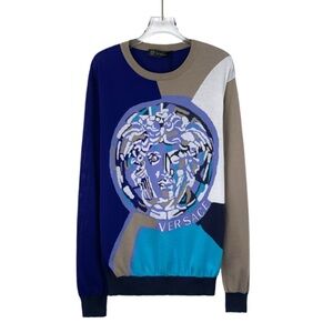 Versace Men's Blue and Gray Crewneck Sweater